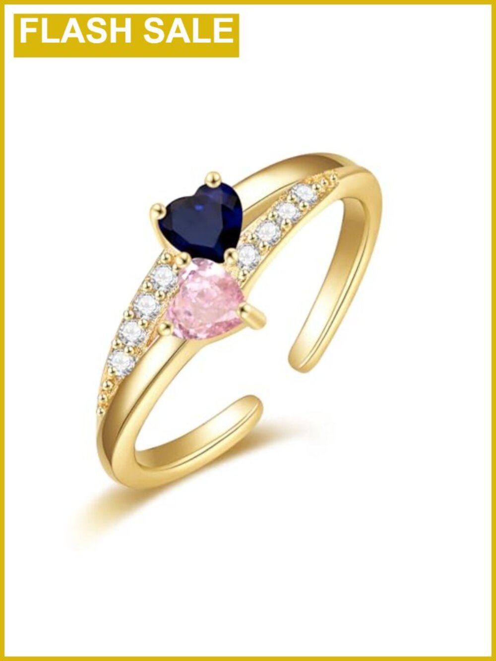 14K Gold Plated Birthstone Ring Adjustable Twin Heart CZ Promise Engagement